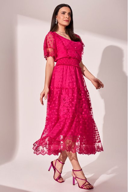 Vestido Midi Vestido Poas Vestido Pink Tule Poá Decote V Fascinius