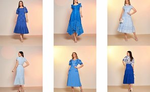 mulheres com vestidos de cor azul