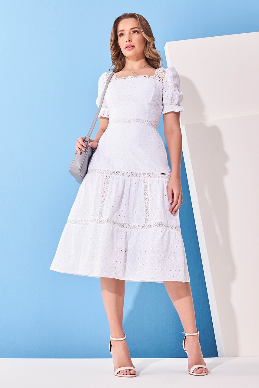 Vestido Off White Lasie Lastex Nas Costas Midi Fascinius