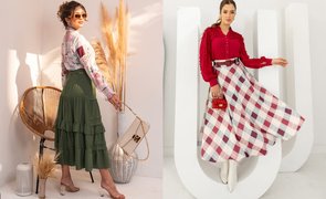 mulheres posando para fotos com saia evasê e camisas elegantes