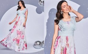 mulher com vestido para casamento de dia com estampa floral