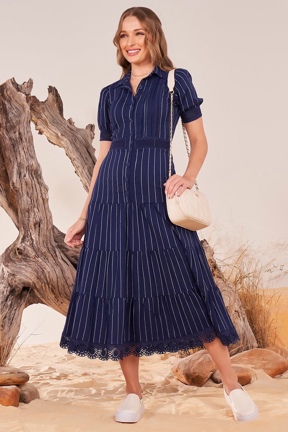 Vestido Curto Vestido Tipo Camisa Listrado Vestido Listrado Azul