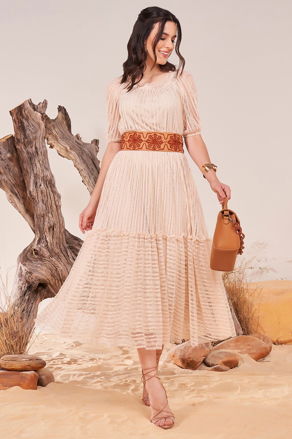 Midi Godê Rodado Vestido Gode De Renda Com Manga Vestido Midi