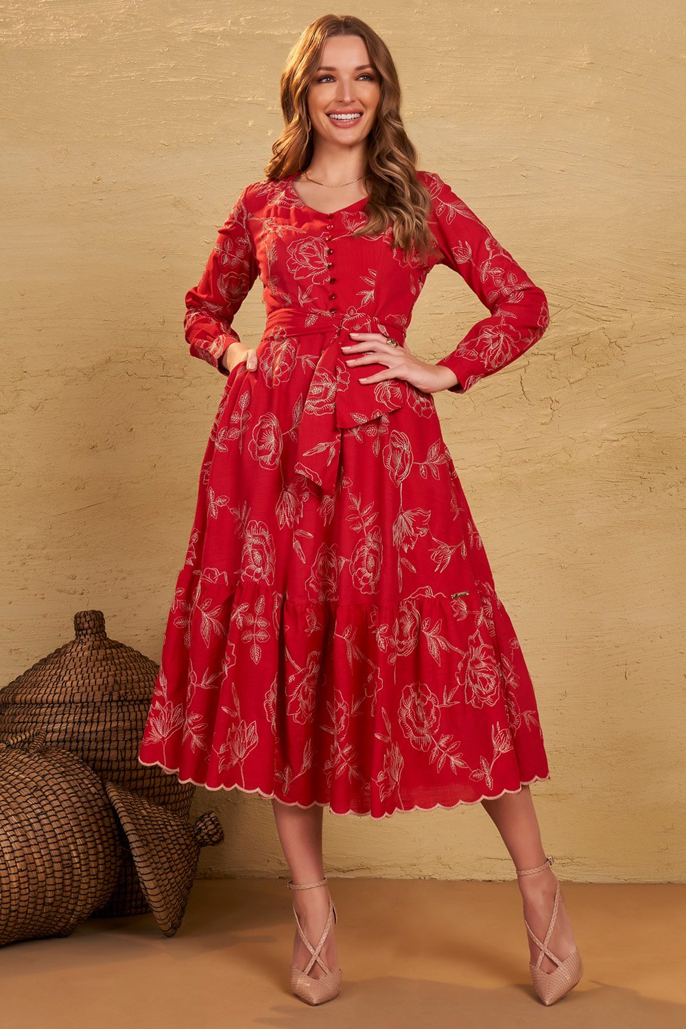 Vestido Midi Vestido Vermelho E Verde Vestido Vermelho Lasie Manga