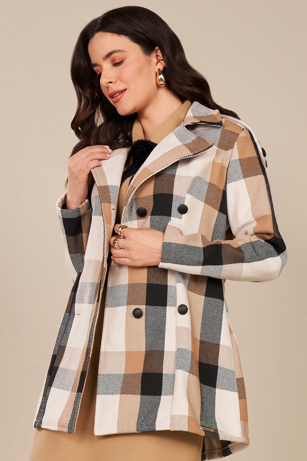 Trench Coat Preto Lã Batida Xadrez Fascinius