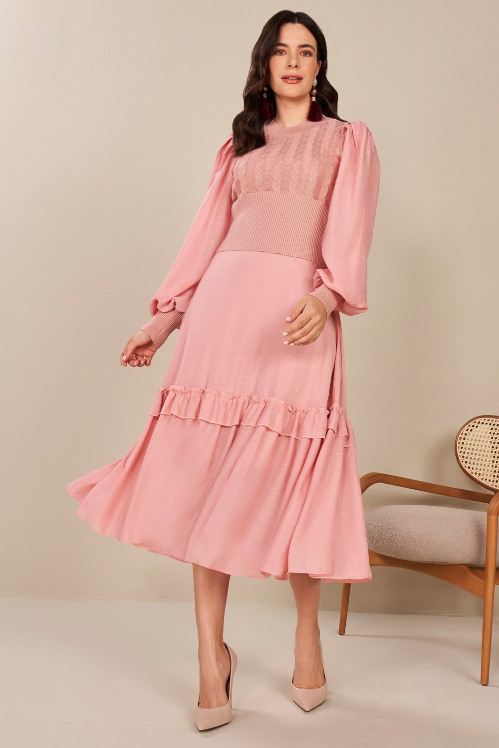 Poliéster Vestido Gode Viscose Vestido Rosa Viscose Godê Midi