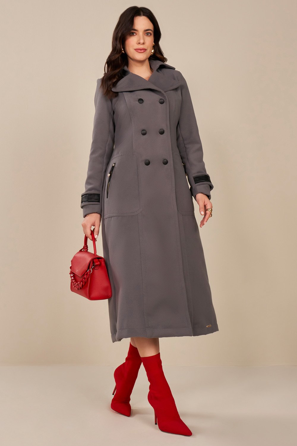 Trench Coat Cinza Lã Batida Longo Fascinius