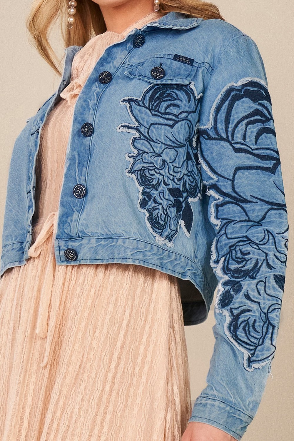 sizeadjust motif lace loose denim PT ブルー Jaqueta Azul Jeans Delavê Bordado Industrial Manga Longa Fascinius