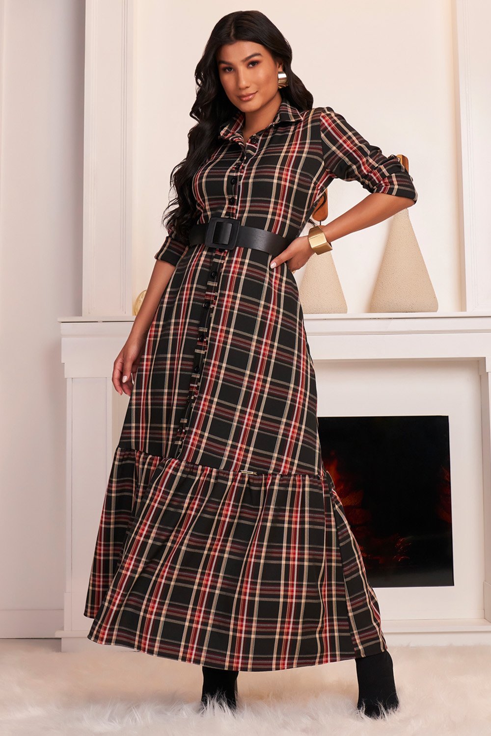 Vestido Chemise Xadrez Vestido Vermelho Xadrez Vestido Chemise