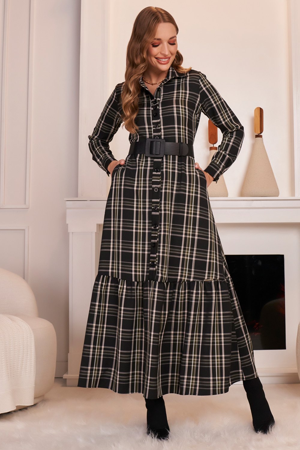 Vestido Chemise Verde Alfaiataria Xadrez Manga Longa Midi Fascinius