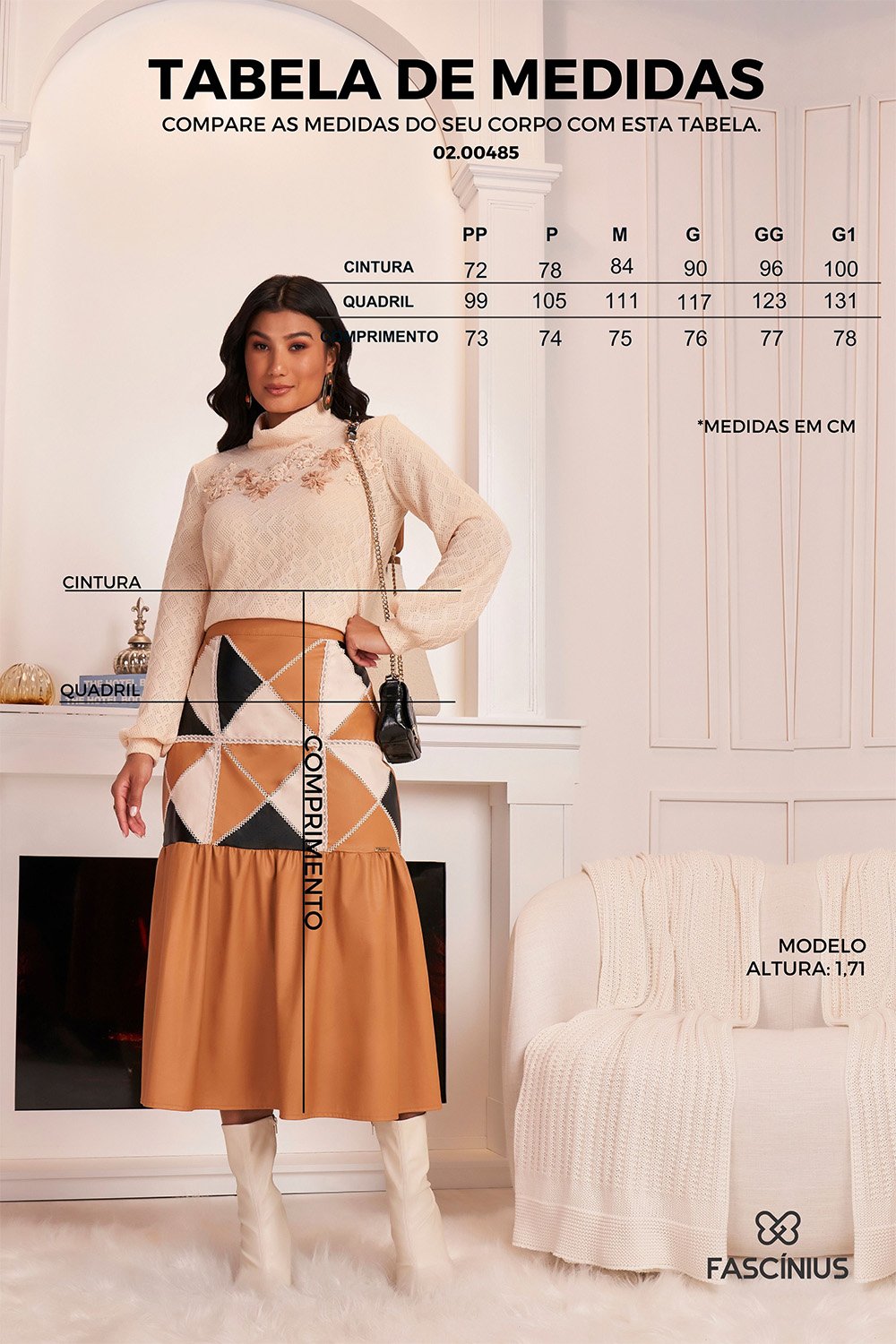Saia Marrom Couro Bordado Patchwork Midi Fascinius