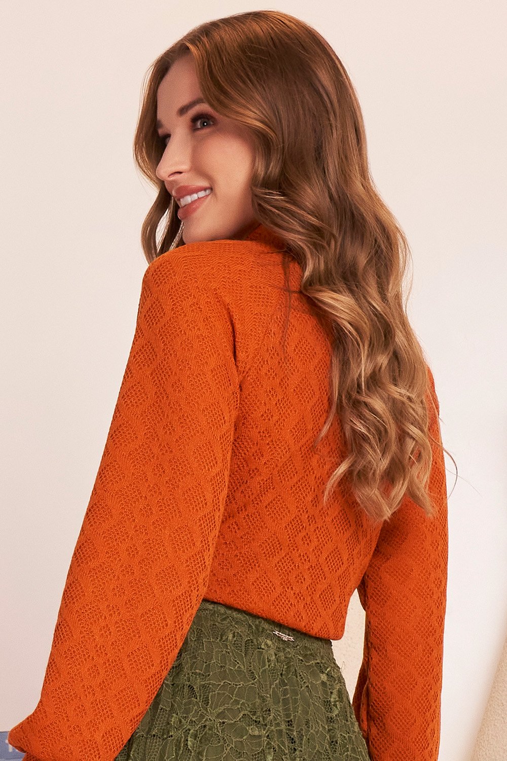 Blusa Laranja Tricô Flores Em Crochê Manga Longa Fascinius