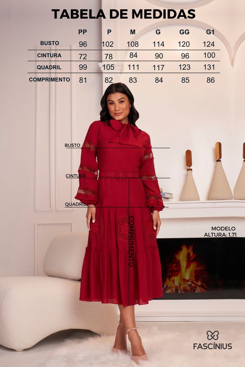 Vestido Marsala Viscose Aplicações Em Crochê Evasê Midi Fascinius