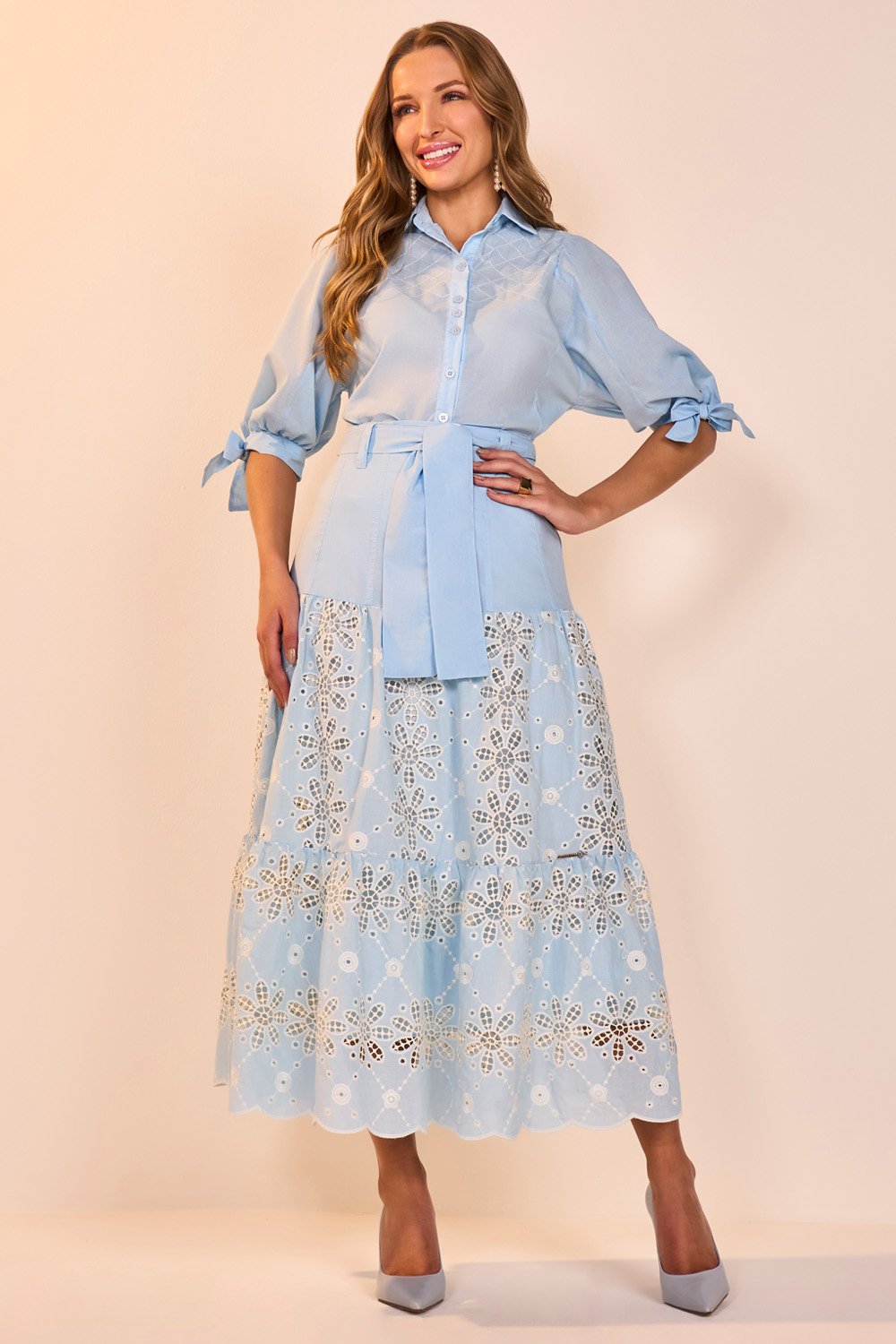 Conjunto Azul Tricoline Bordados Richelieu Midi Fascinius