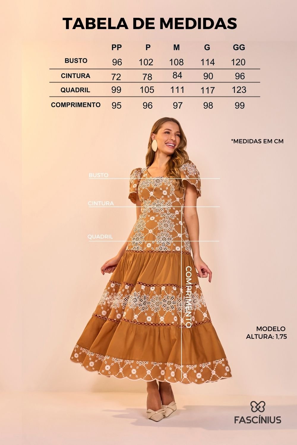 Vestido Marrom Tricoline Bordados Richelieu Midi Fascinius