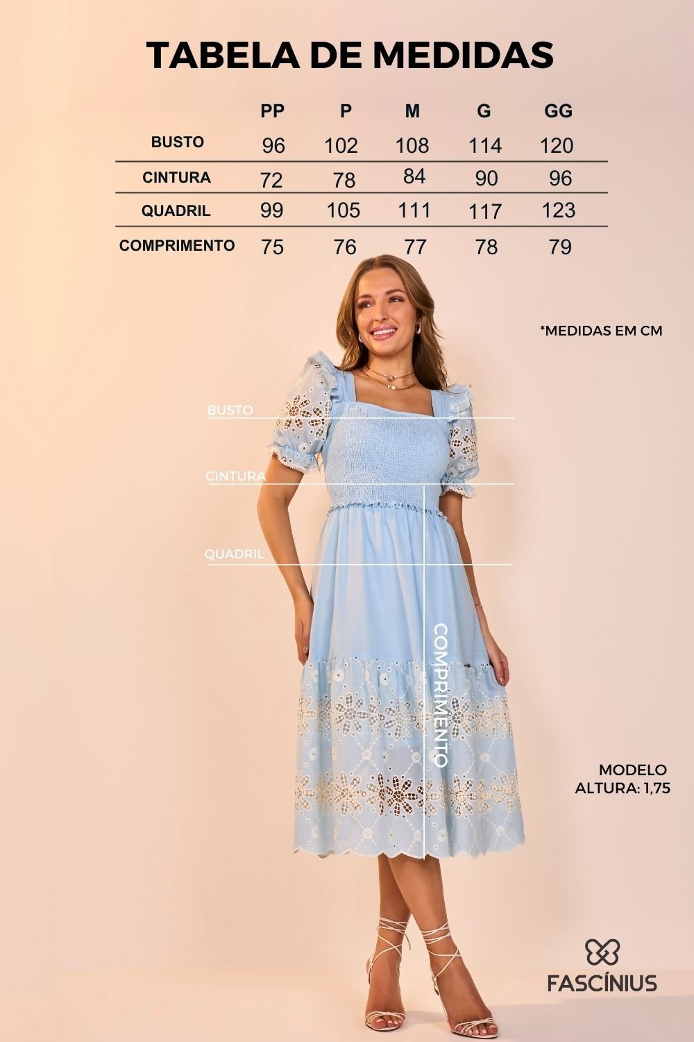 Vestido Azul Tricoline Bordado Richelieu Evasê Midi Fascinius