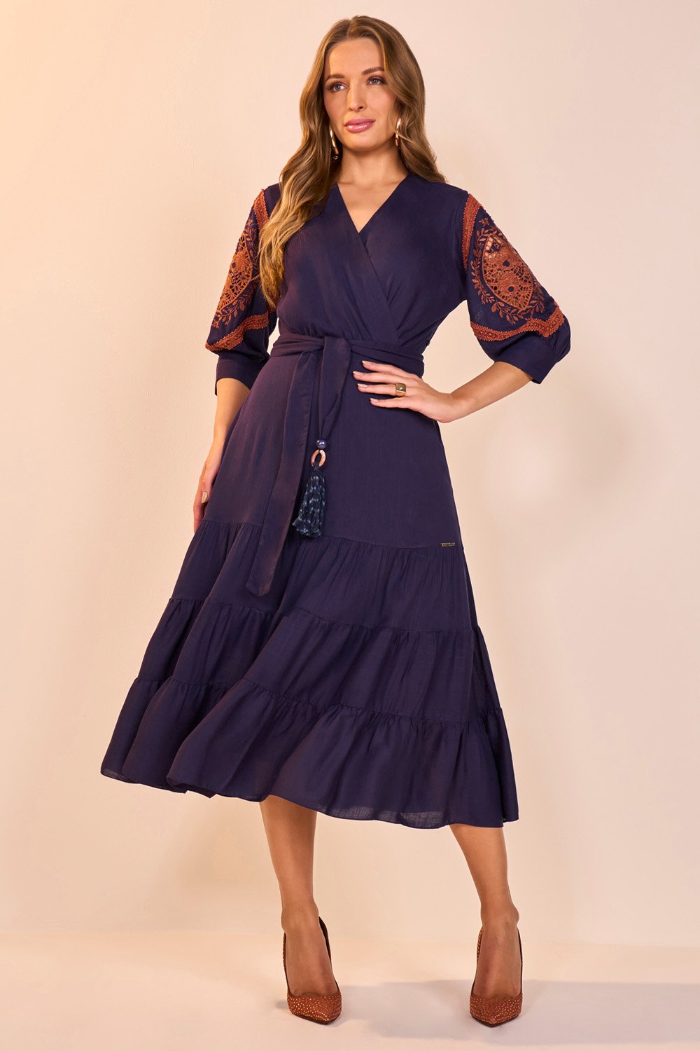 Vestido Azul Viscose Decote Transpassado Evasê Midi Fascinius