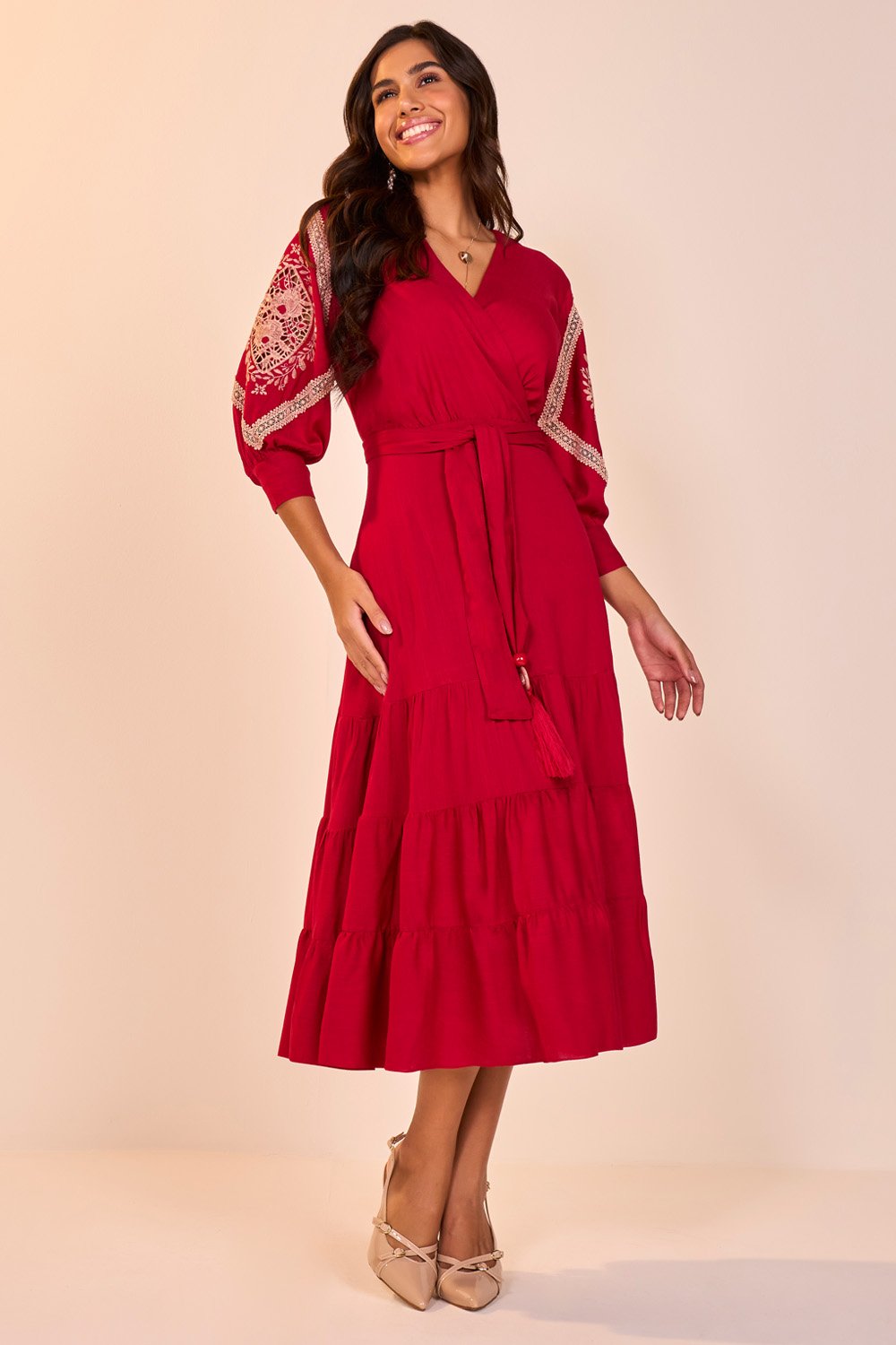 Vestido Vermelho Viscose Decote Transpassado Evasê Midi Fascinius