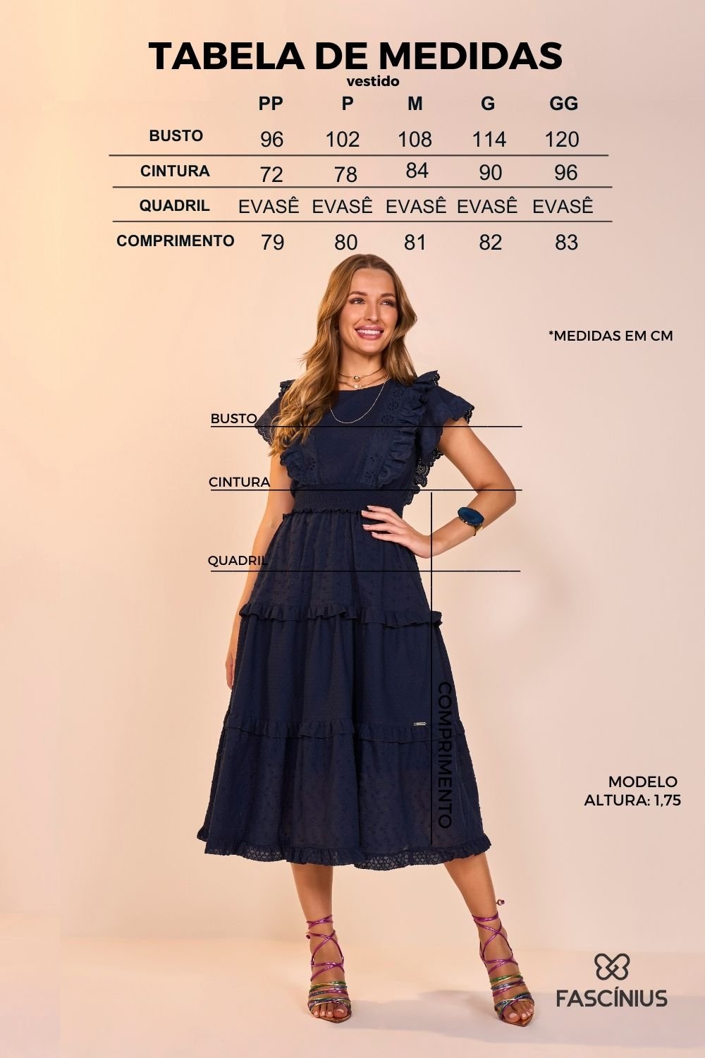 Vestido Azul Marinho Algodão Bordados Em Laise Evasê Midi Fascinius