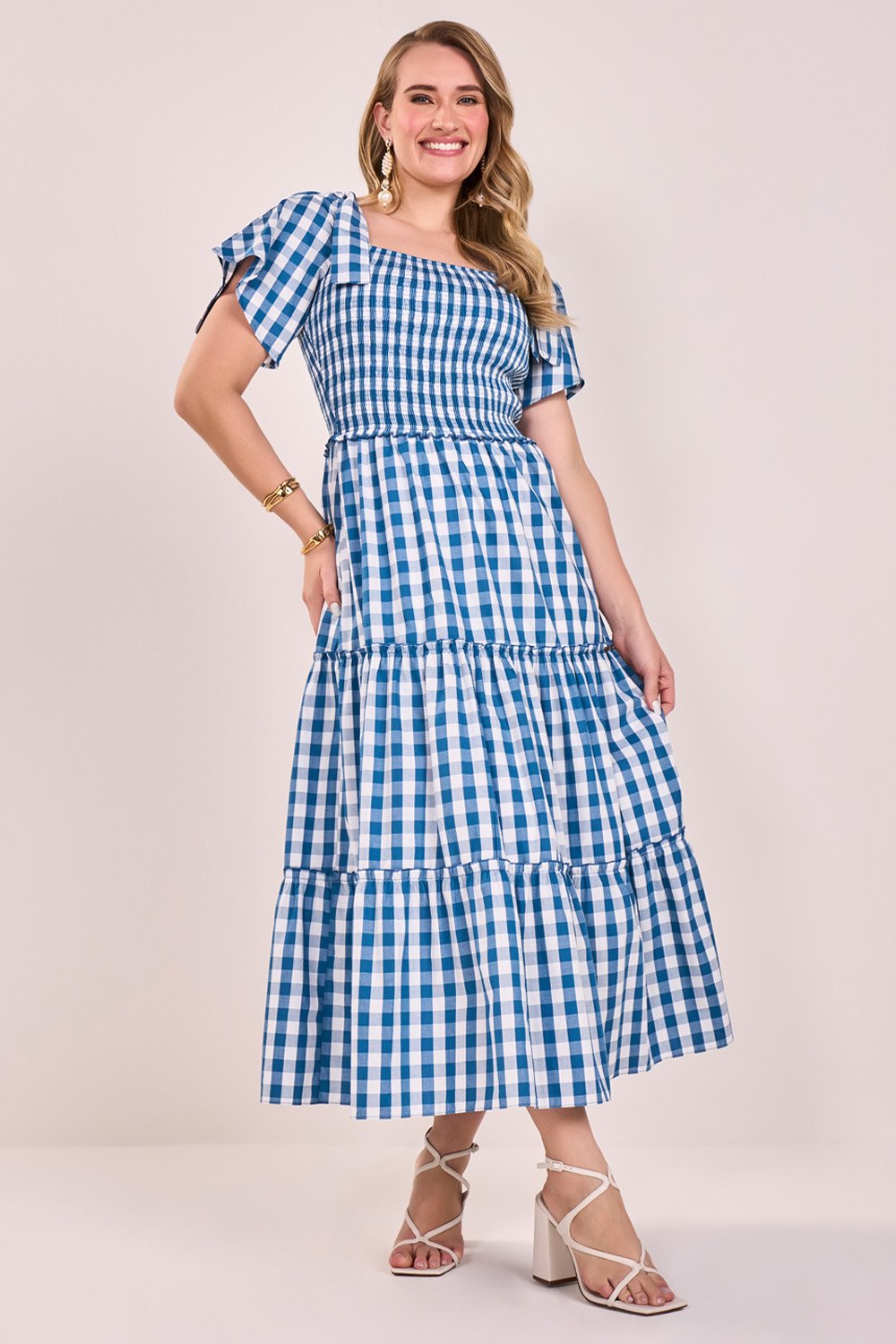 Vestido Azul Algodão Xadrez Saia Em Marias Midi Evasê Fascinius