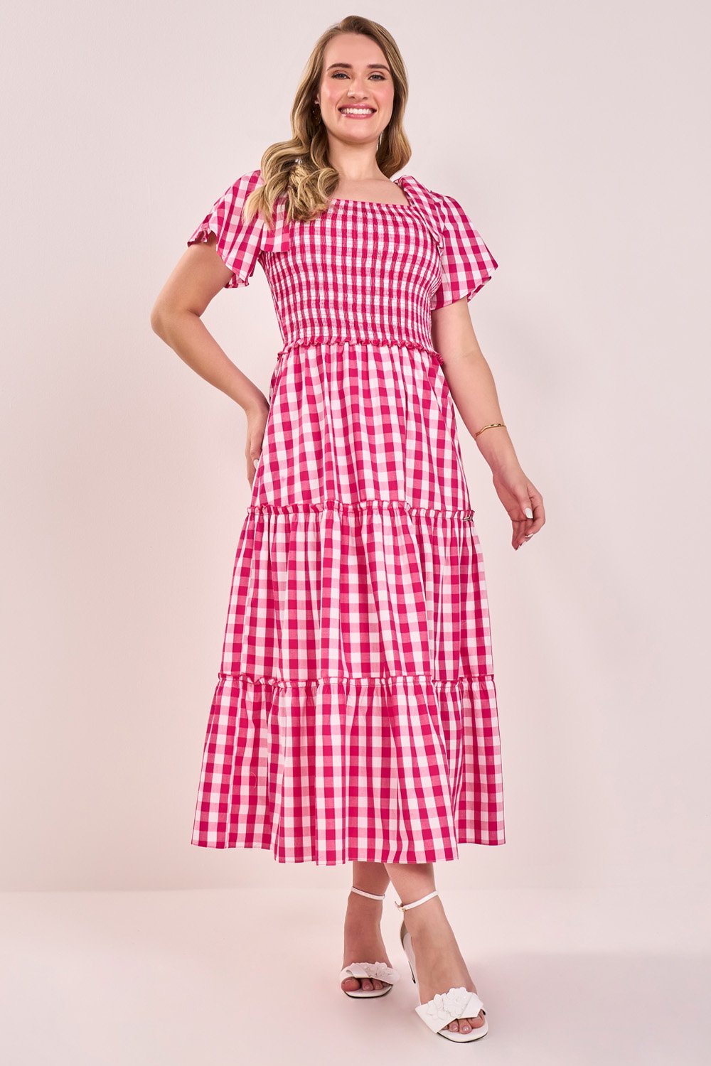 Vestido Pink Algodão Xadrez Saia Em Marias Midi Evasê Fascinius