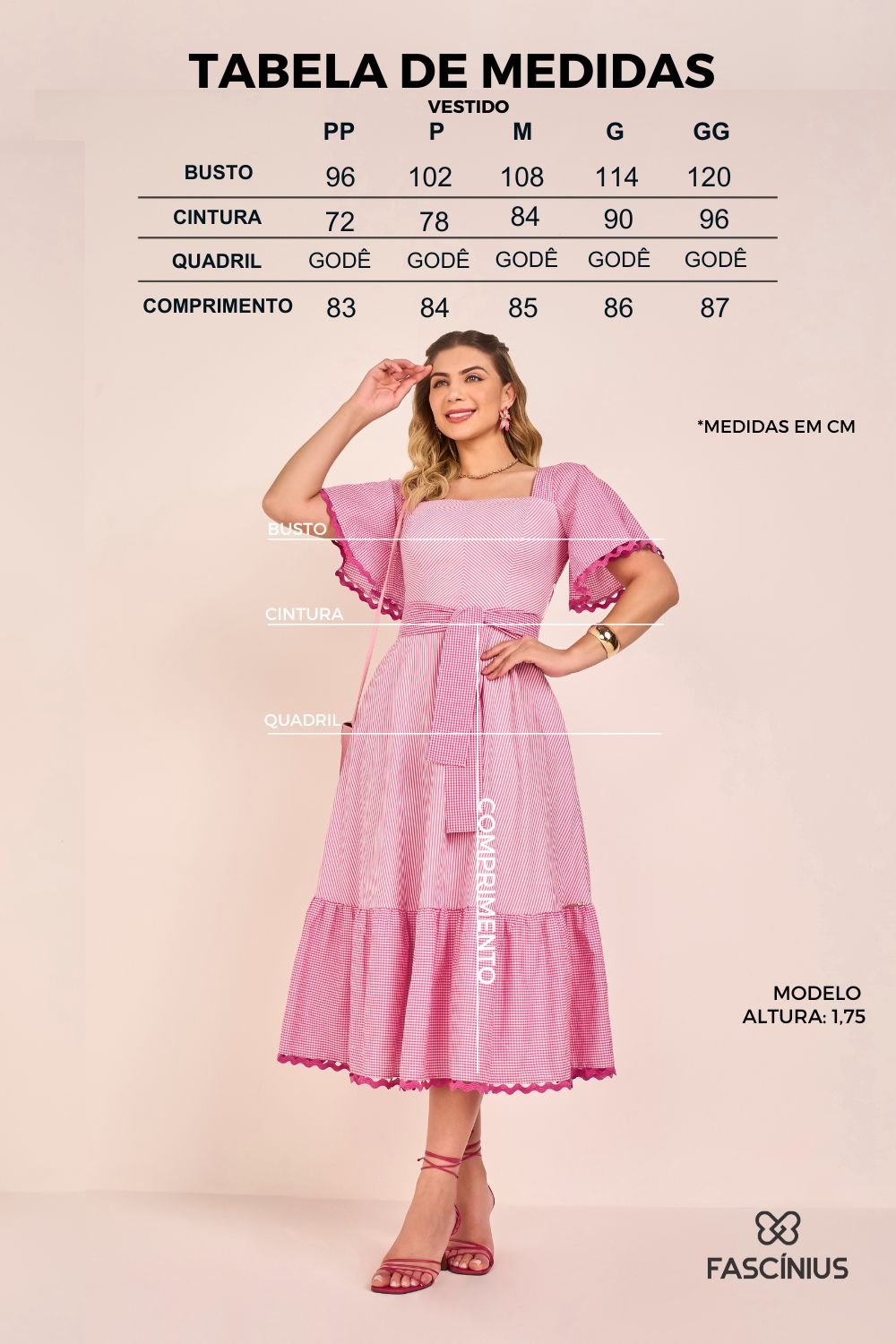 Vestido Pink Tricoline Mix de Listras e Xadrez Godê Midi Fascinius