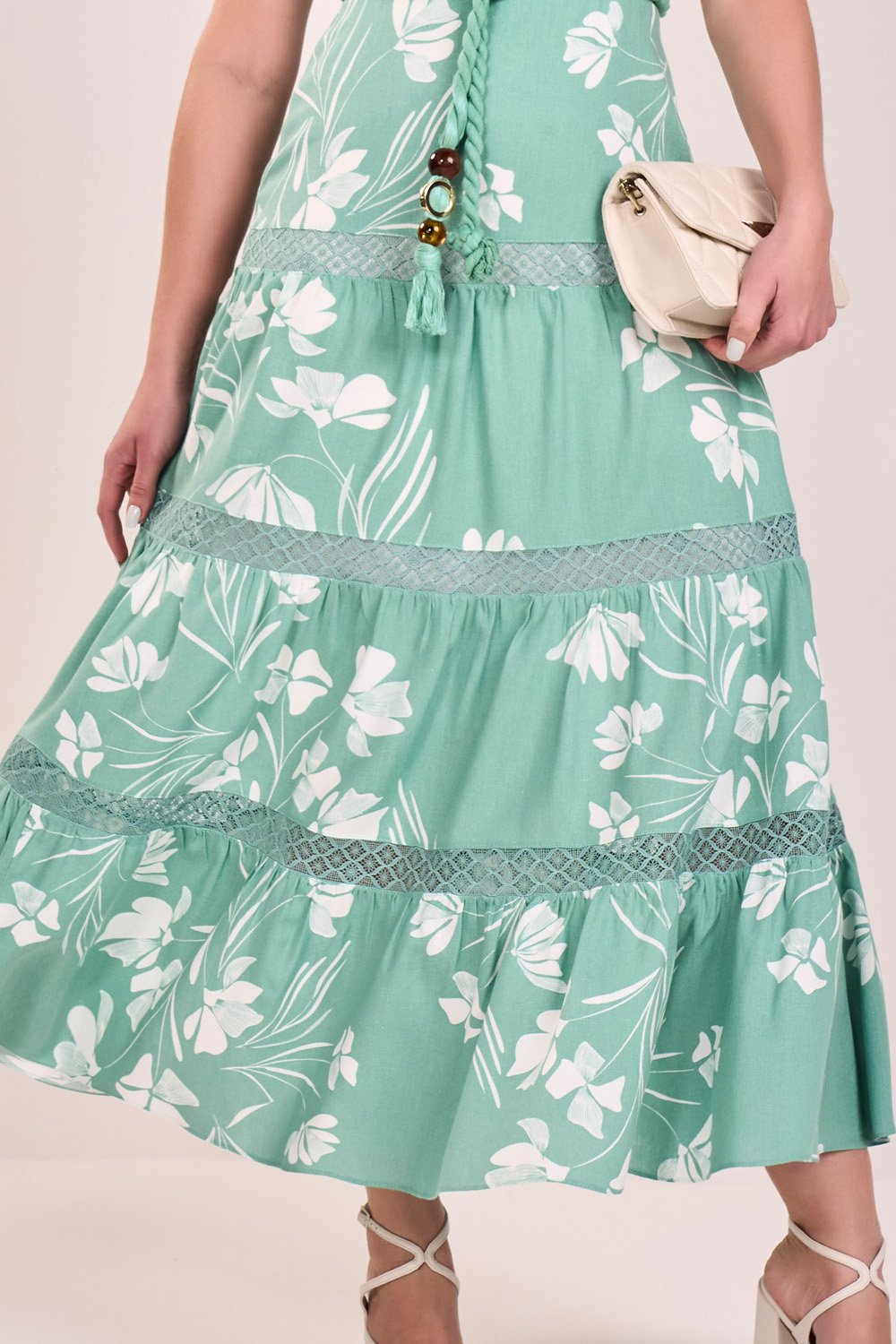 Vestido Verde Claro Viscose E Linho Estampa Tropical Midi Fascinius