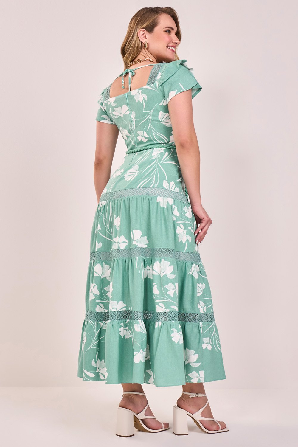 Vestido Verde Claro Viscose E Linho Estampa Tropical Midi Fascinius