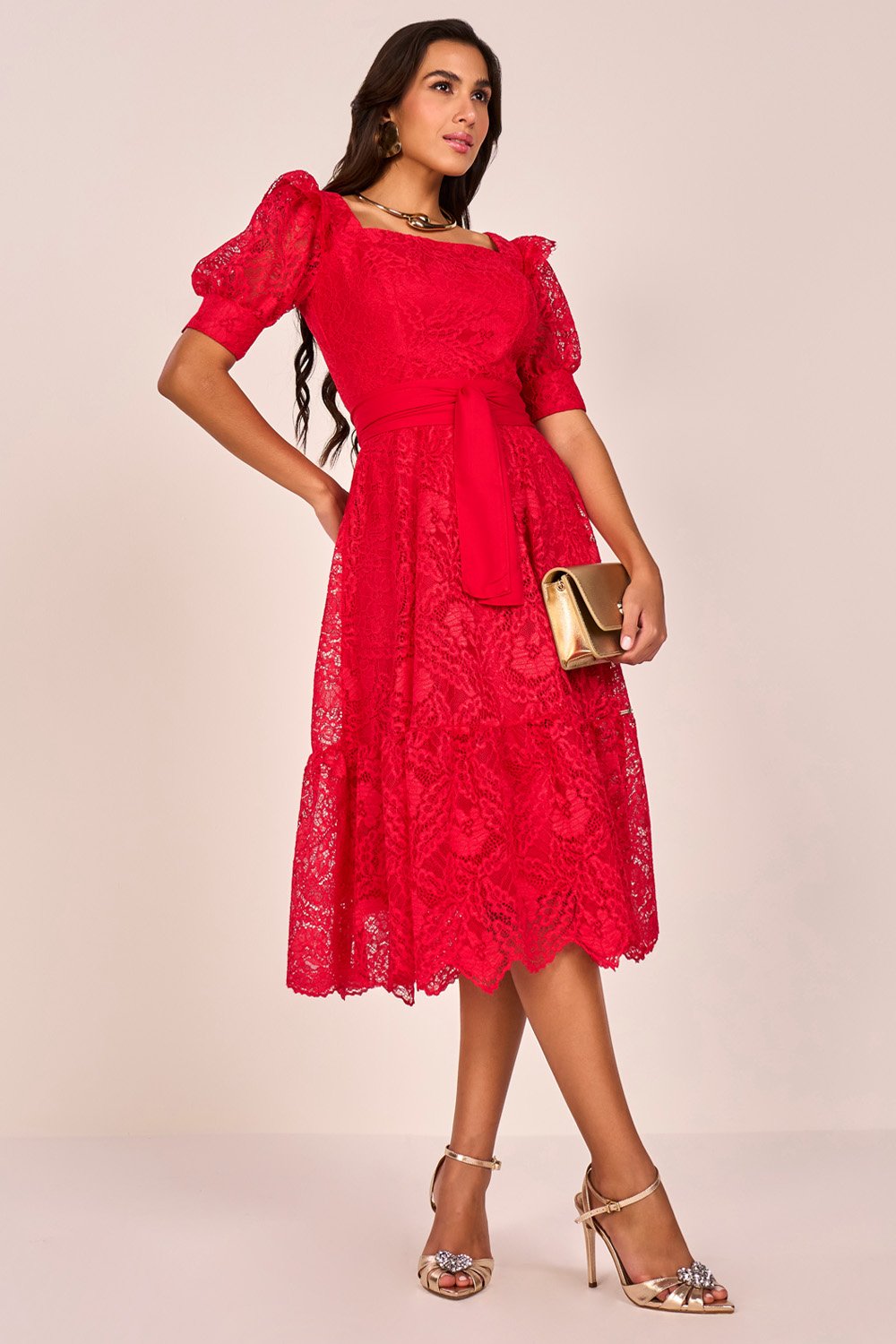 Vestido Vermelho Renda Mangas Princesa Godê Midi Fascinius - Main Image