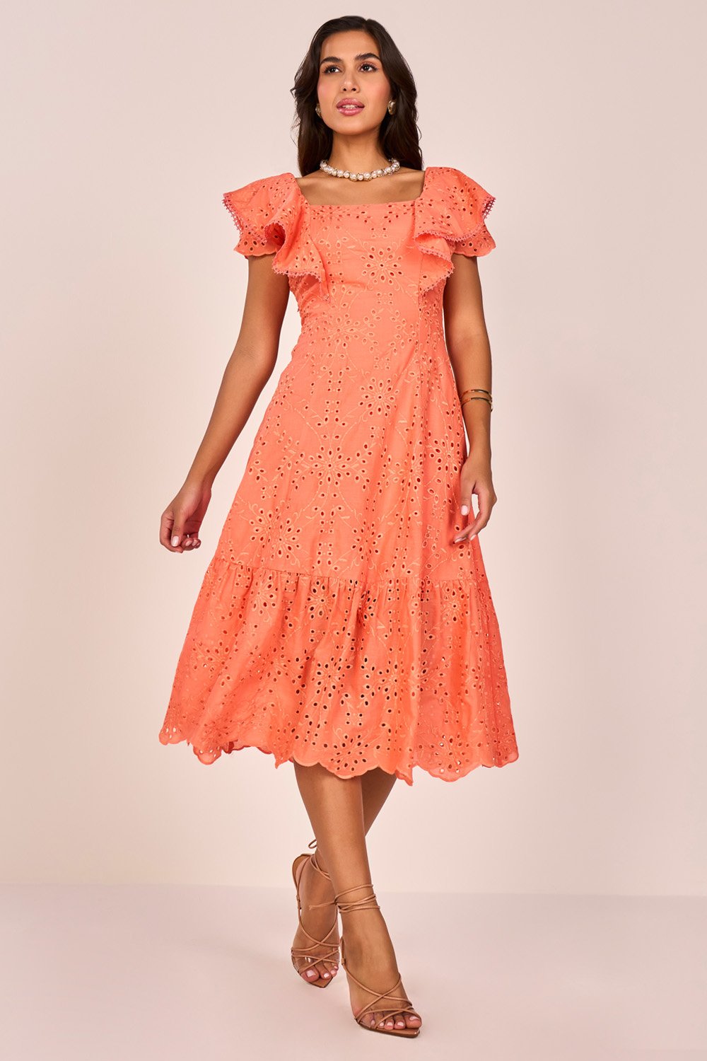 Vestido Salmão Laise De Algodão Decote Quadrado Midi Fascinius