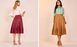 mulheres com looks estilosos compostos por saias e blusas