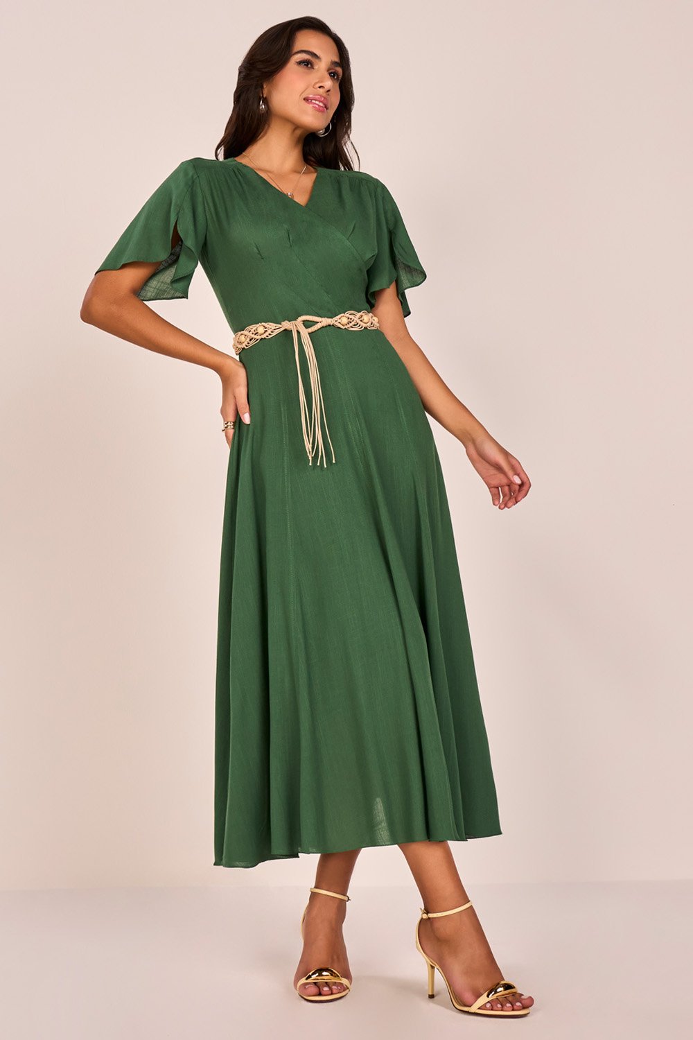 Vestido Verde Viscose Saia Em Nesgas Evasê Midi Fascinius