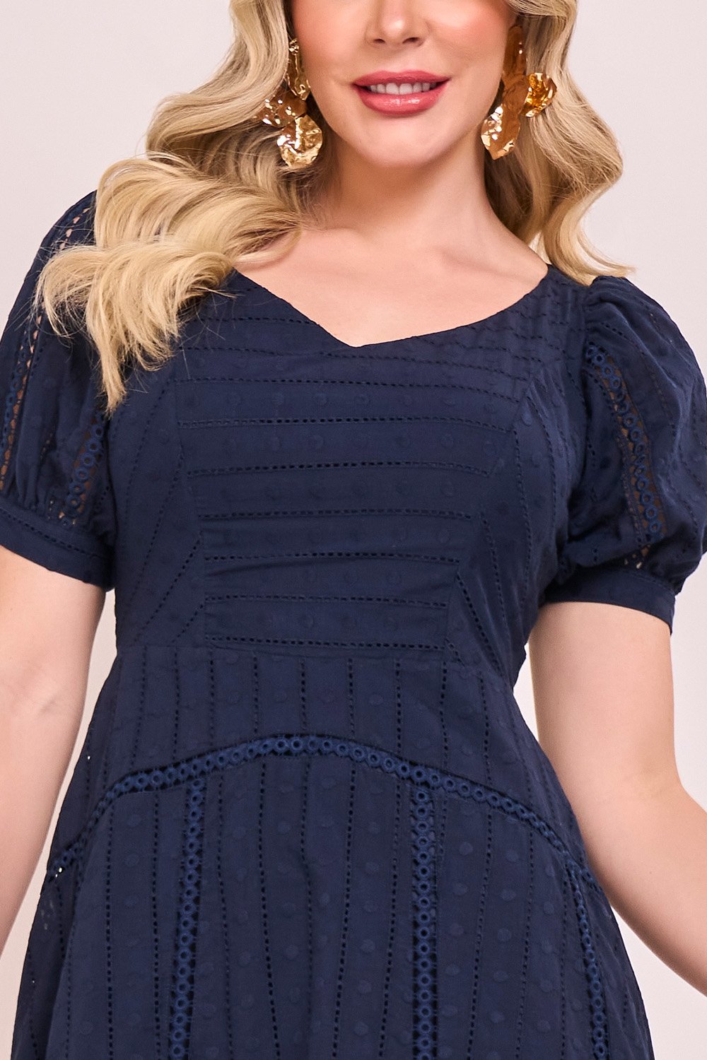 Vestido Azul Algodão Decote V Mangas Princesa Midi Fascinius
