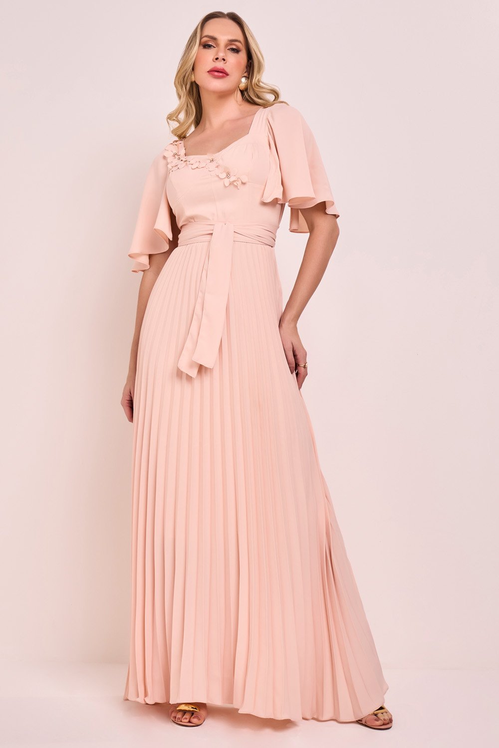 Vestido Rosê Alfaiataria Aplicações de Flores Longo Fascinius