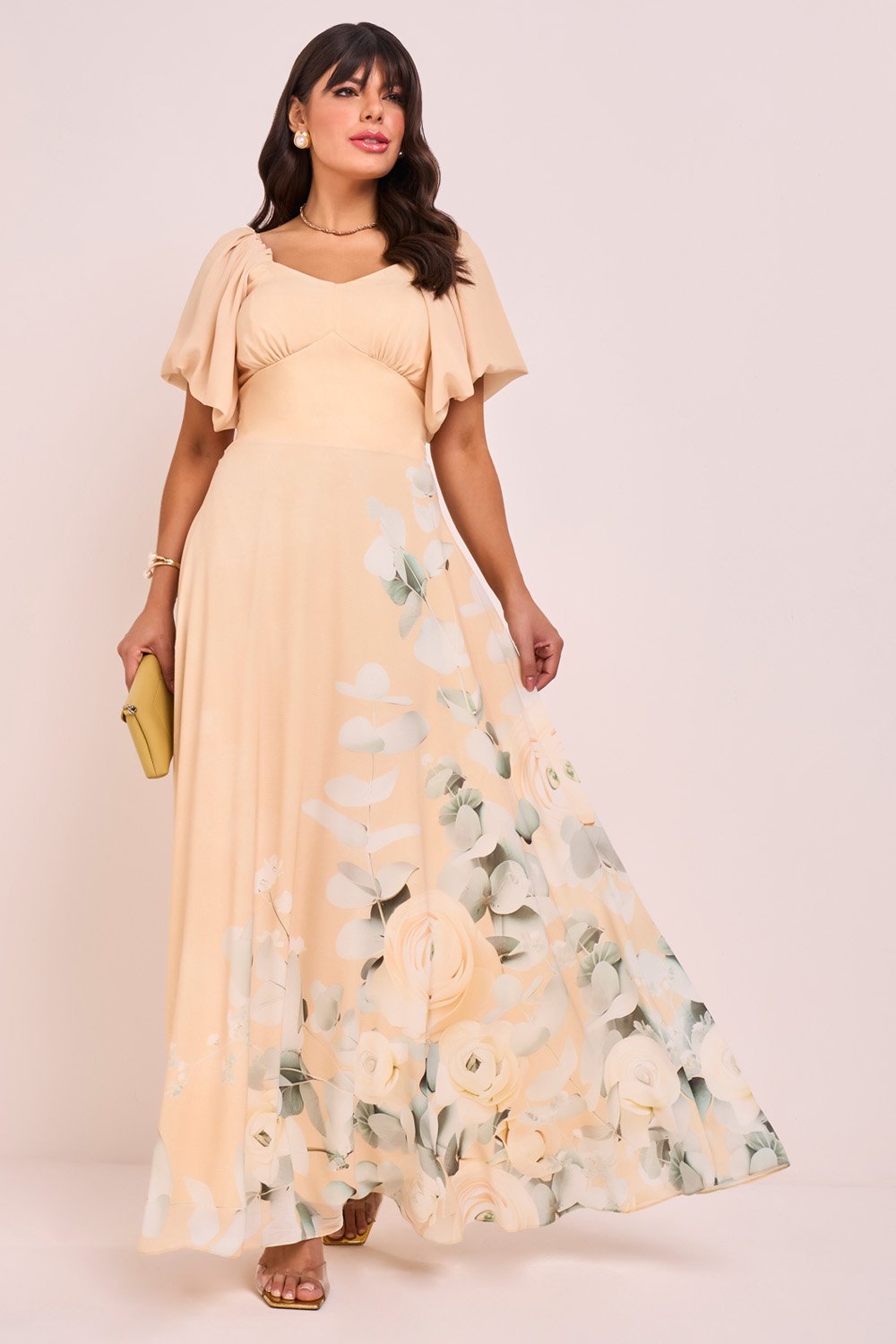 Vestido Amarelo Sedinha Texturizada Estampa Floral Longo Fascinius