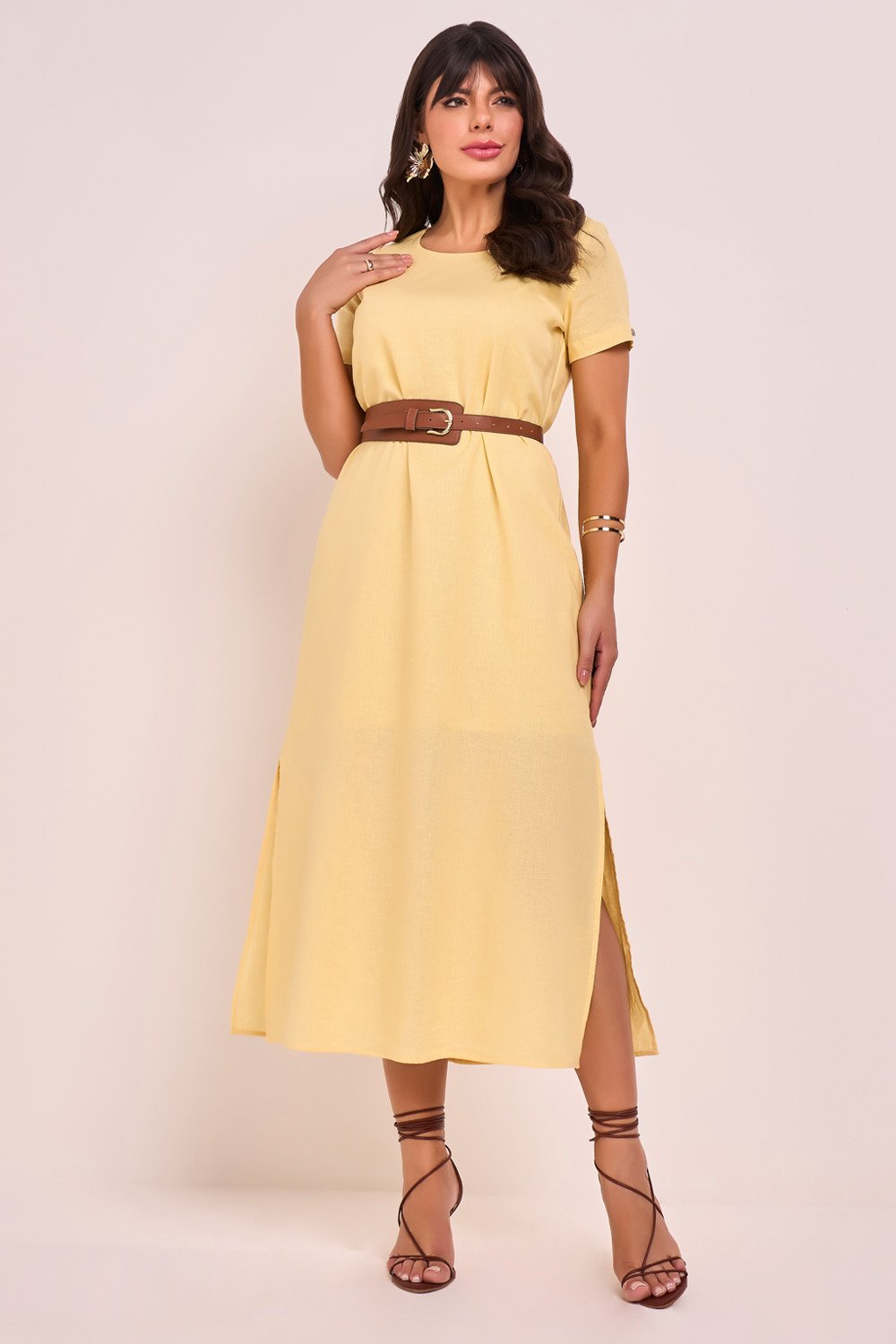 Vestido Amarelo Linho Fenda Lateral Midi Fascinius