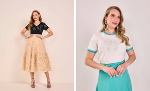 mulheres elegantes com looks de saia e camiseta básica feminina