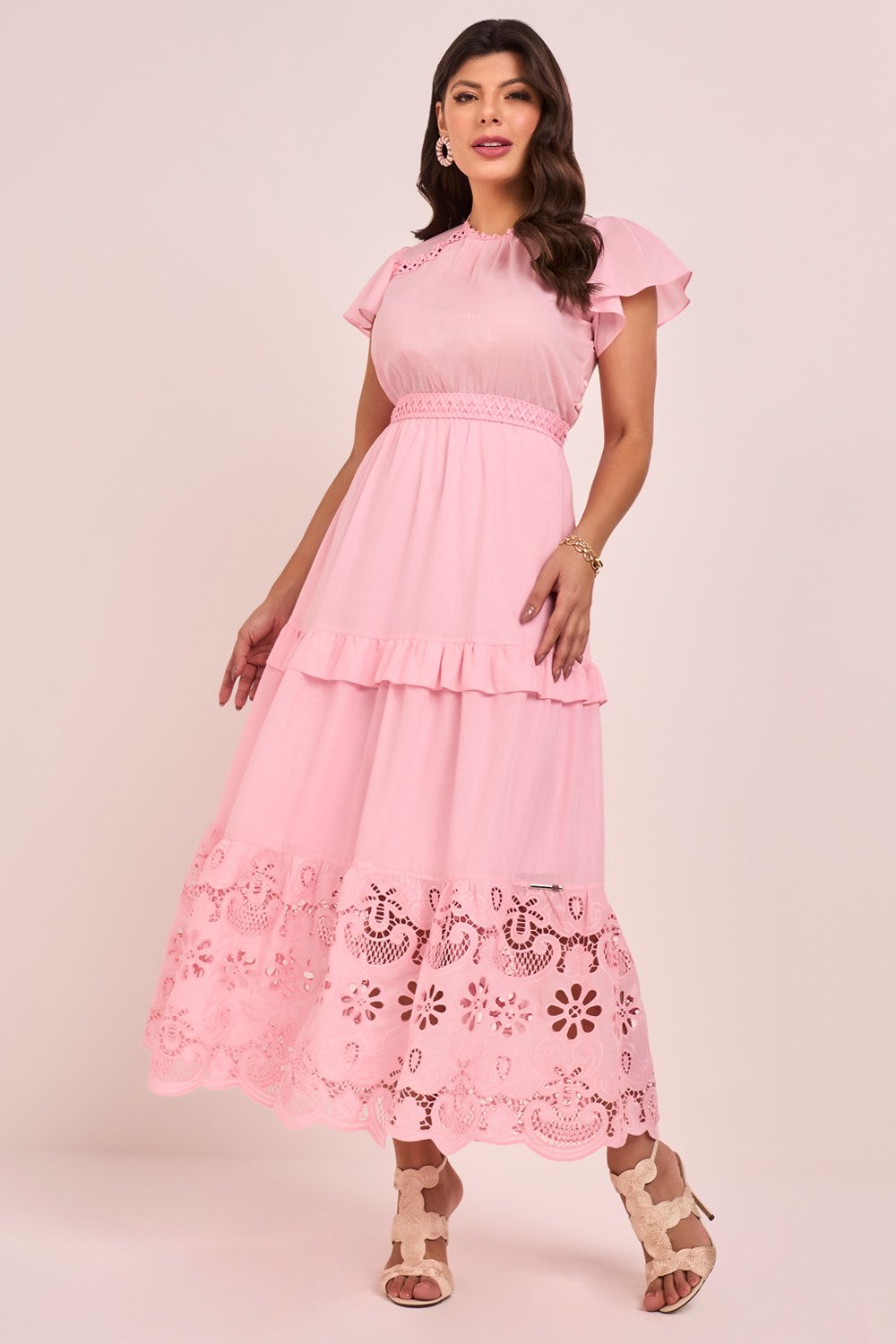 Vestido Rosa Algodão Detalhes Em Guipir E Richelieu Evasê Midi