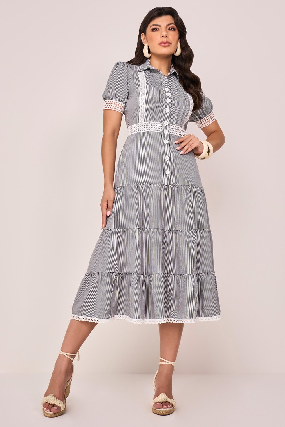 Vestido Preto Tricoline Listrado Estilo Chemise Evasê Midi Fascinius