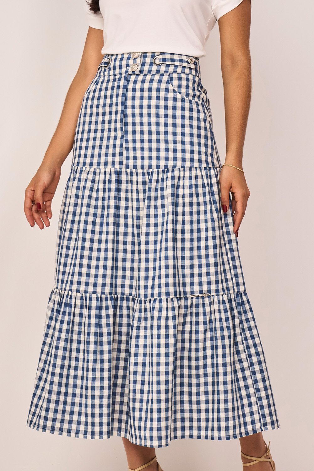 Saia Azul Algodão Estampa Xadrez Evasê Midi Fascinius - Main Image