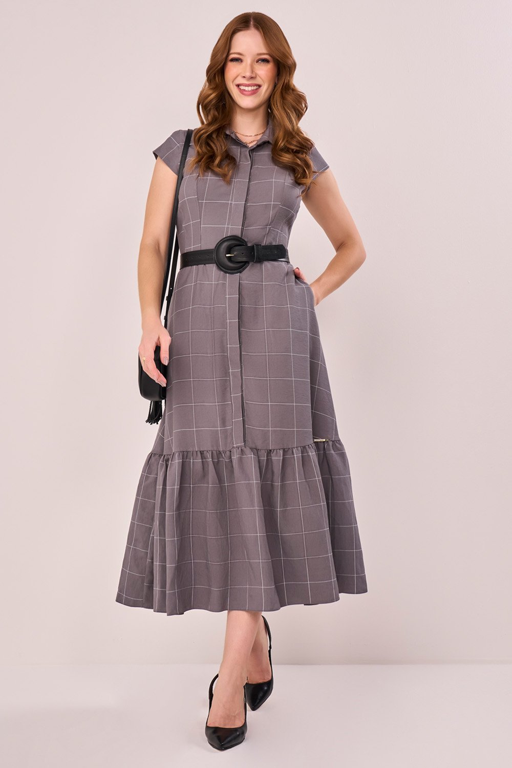 Vestido Chemise Cinza Viscose Xadrez Evasê Midi Fascinius