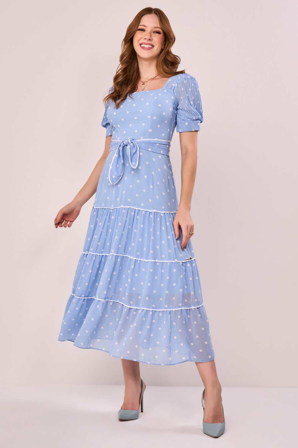 Vestido Azul Crepe Estampa Poás Evasê Midi Fascinius