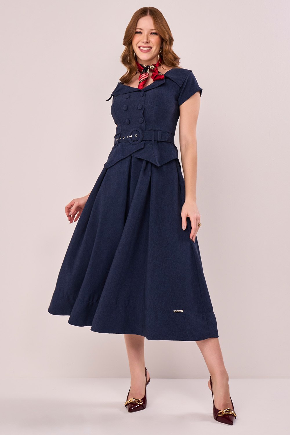 Vestido Azul Marinho Alfaiataria Abotoamento Transpassado Midi