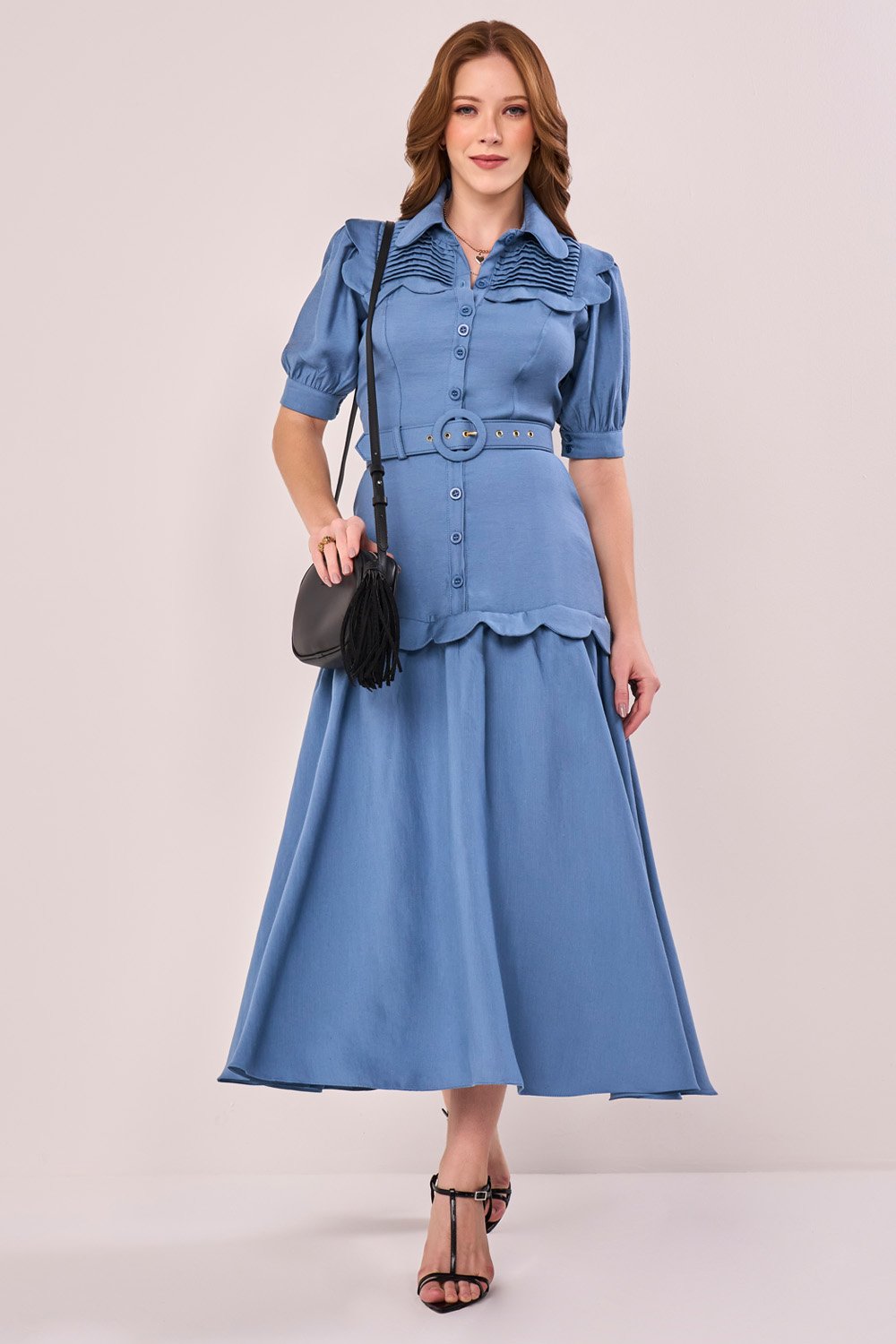 Vestido Feminino Vestido Peplum Midi Vestido Midi Peplum Manga 3/4