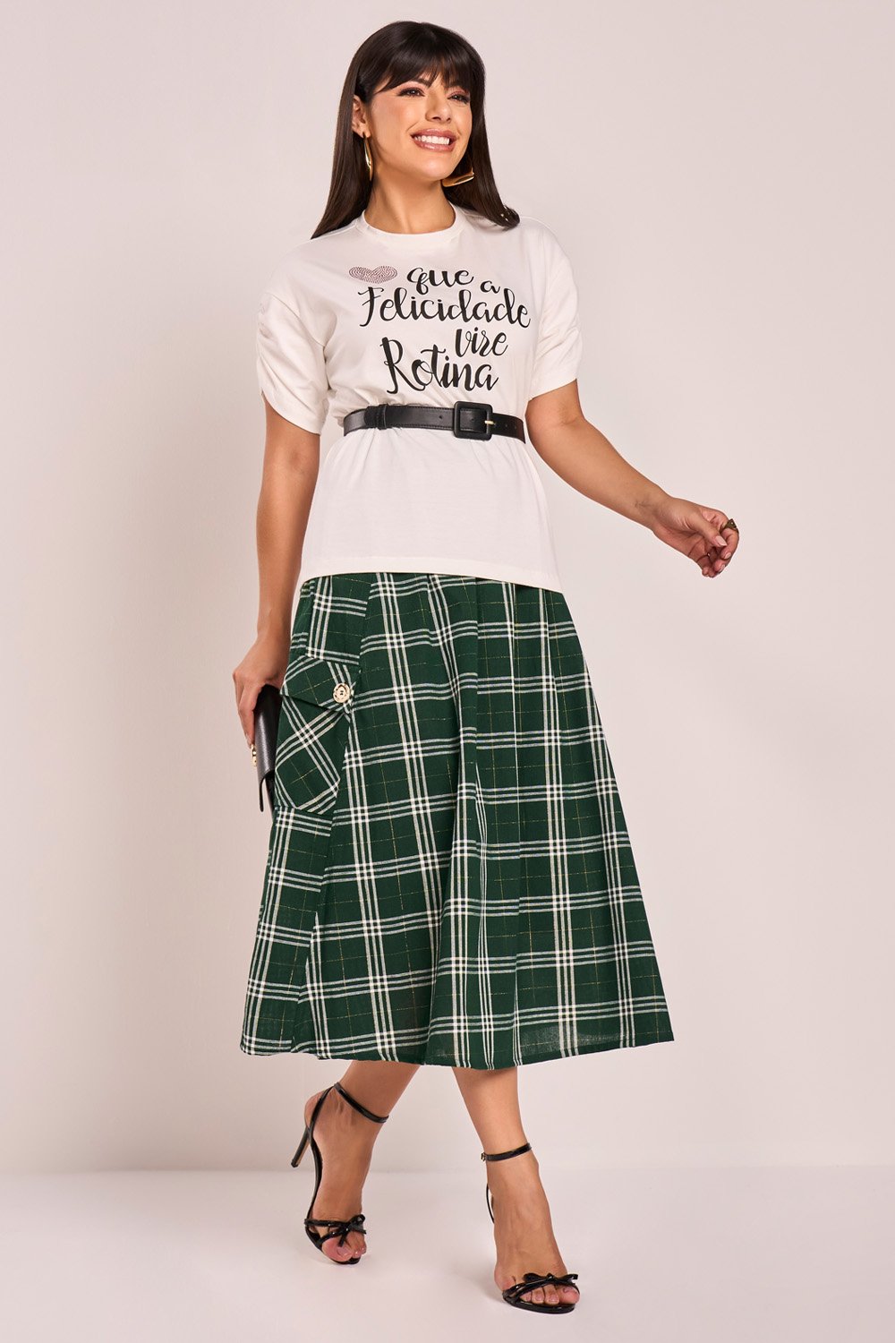 Saia Verde Viscose Xadrez Bolsos Funcionais Midi Fascinius