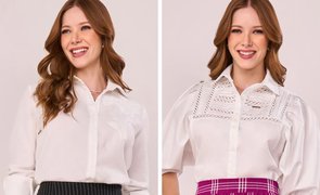 mulher em duas fotos com blusa branca