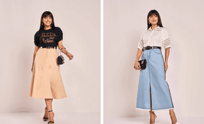mulher em duas fotos usando dois modelos de saia midi