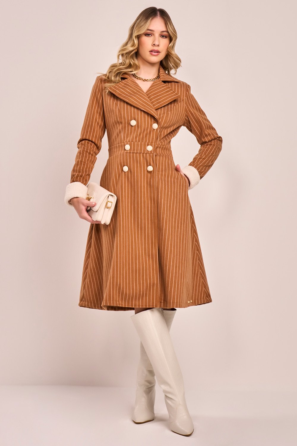 Trench Coat Marrom Lã Batida Listras Manga Longa Fascinius