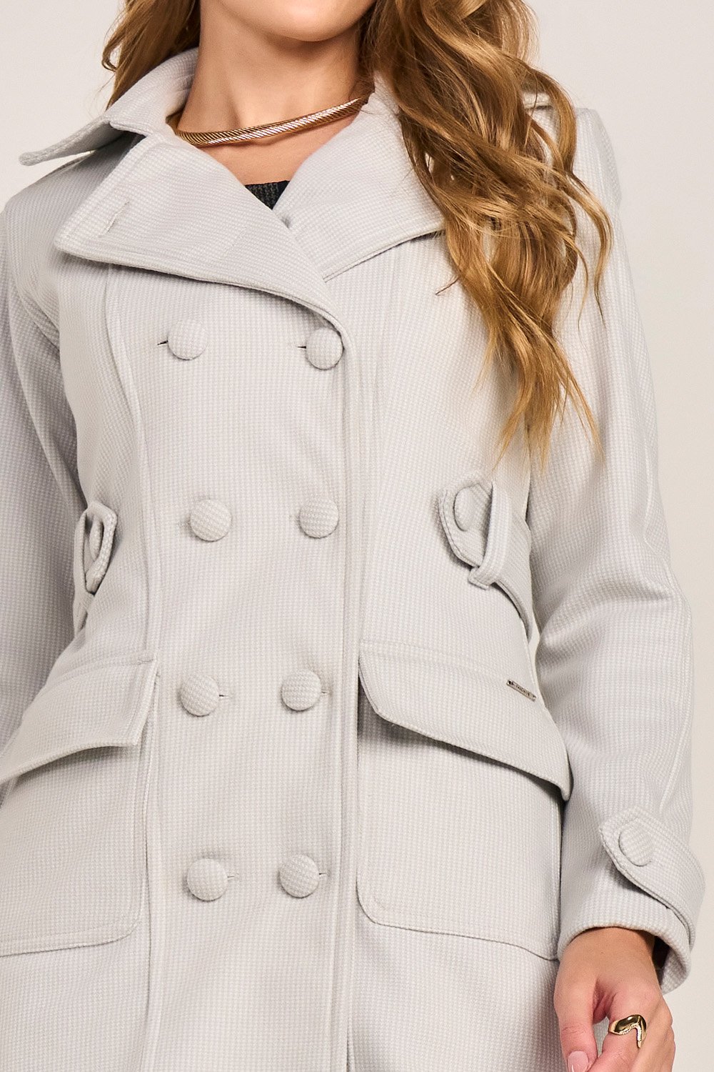 Trench Coat Cinza Xadrez Martingale Manga Longa Fascinius
