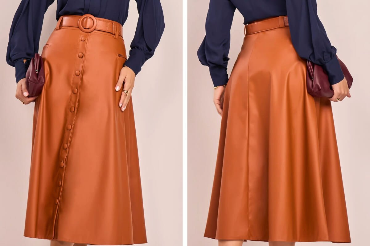 saia midi de couro na cor laranja